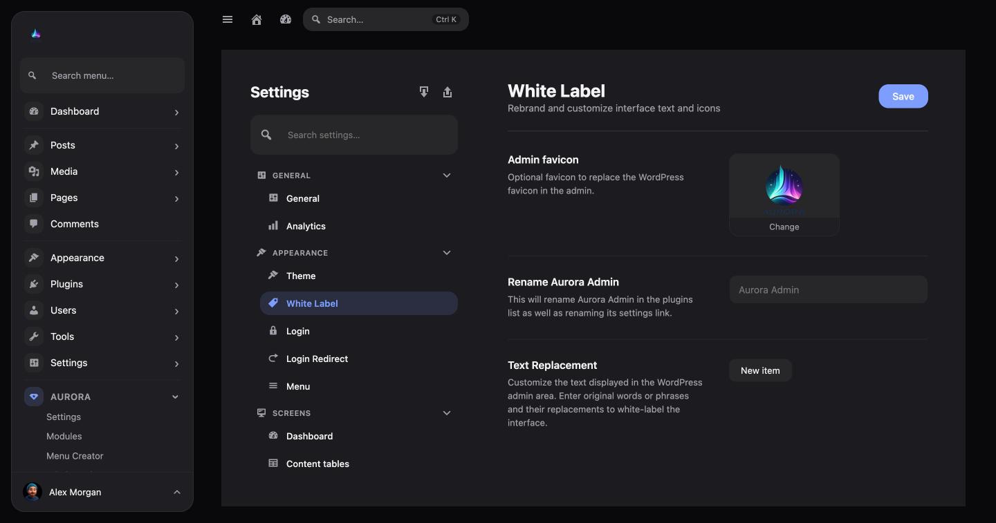 Aurora Admin white label settings