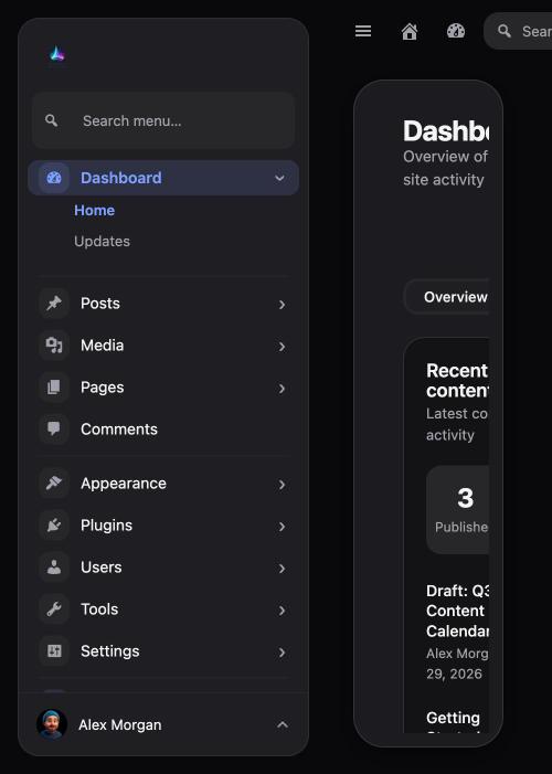 Aurora Admin in a narrow browser window